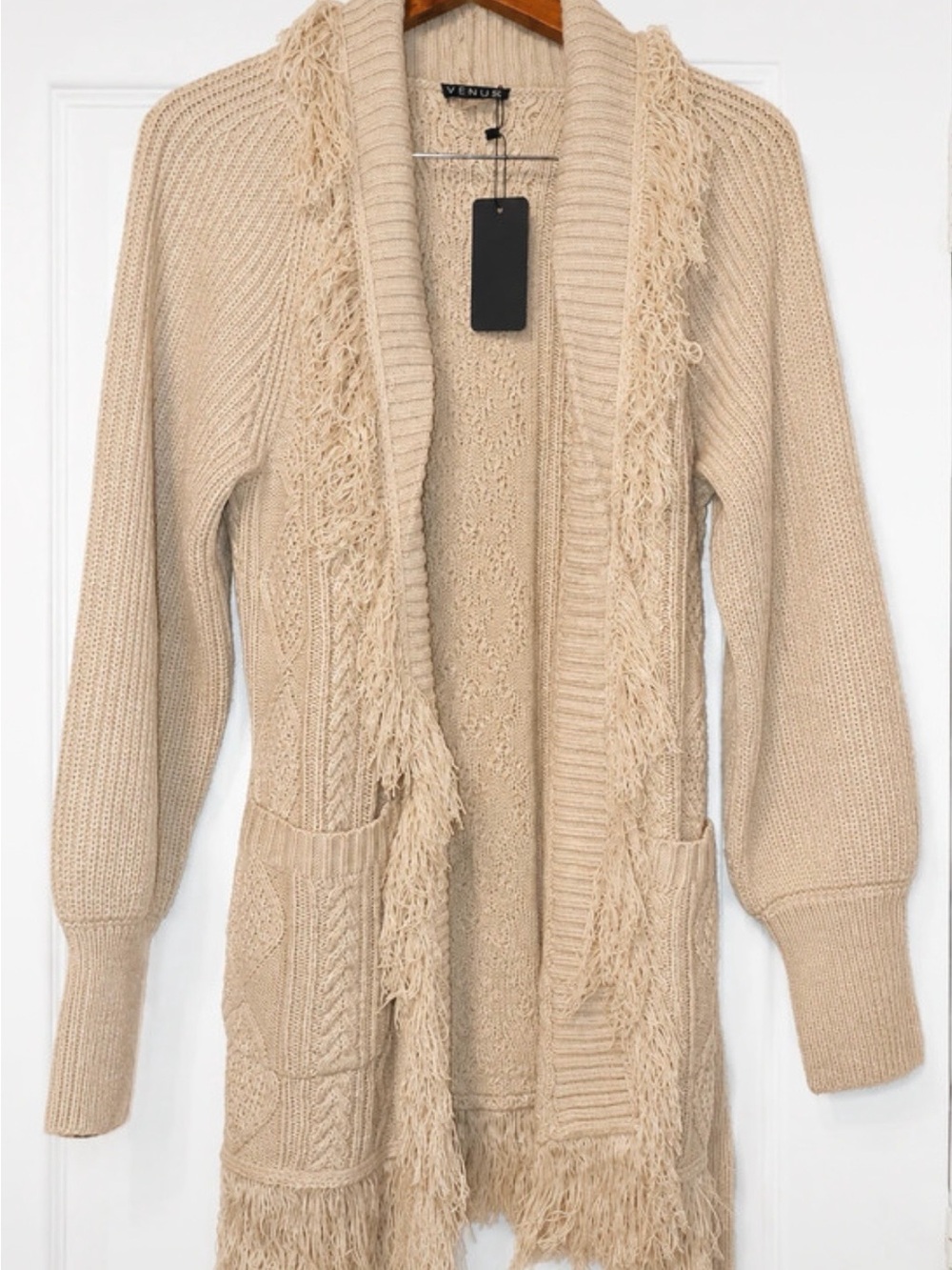 VENUS Beige Fringe Open-Front Knit Cardigan